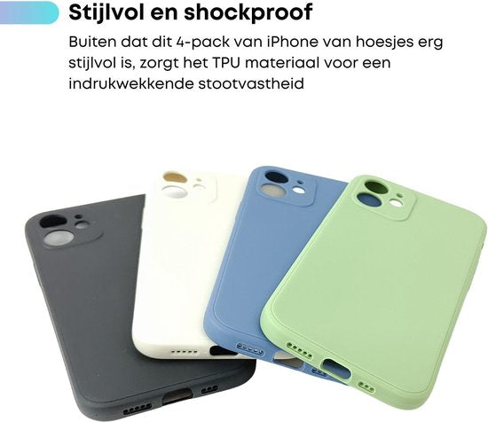 [EOL] 4-PACK - Hoesje Geschikt voor iPhone 12 - 4x Siliconen Shock Proof Case - Stevige TPU Cover - Multipack met Groen, Blauw, Zwart en Wit