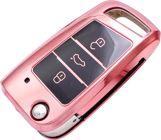 Zachte TPU Sleutelcover - Metallic Chroom Roze - Sleutelhoesje Geschikt voor Volkswagen Polo / Golf / 2014 - 2021 / Seat Leon / Seat Ibiza / Golf GTI / Golf R / Golf 7 / Skoda - Sleutel Hoesje Cover - Auto Accessoires
