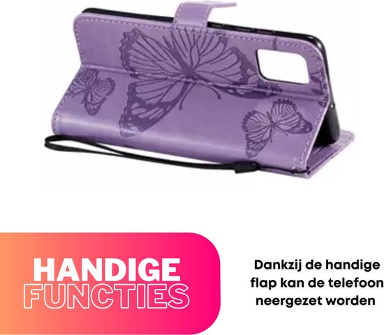 Hoesje Vlinders Paars - Geschikt voor Apple iPhone 13 / 14 - Portemonnee Book Case - Boekje Met Kaarthouder / Pasjeshouder en Magneetsluiting - Booklet Beschermhoes - Boekhoesje met Draagkoord