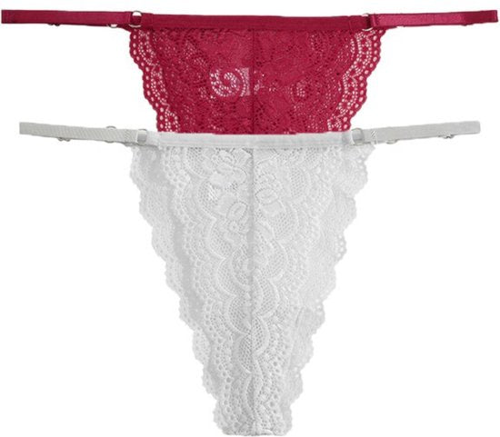 Luxe Dames String met Kant - 2 Stuks - Wit & Rood - Intieme Lingerie Dames / Ondergoed Set Vrouw - High Waist - Maat M