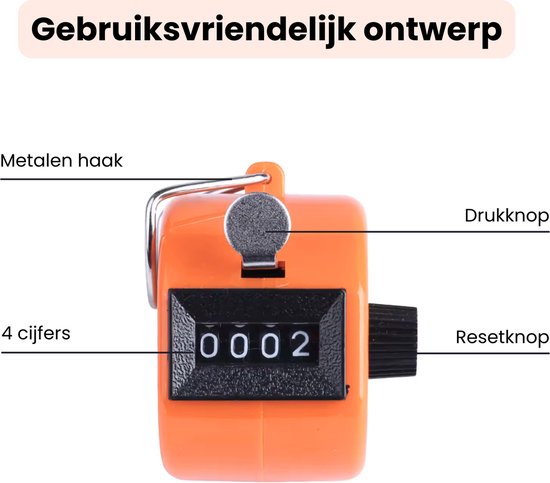 Handteller Set (4 Stuks) - Handmatige Klik Teller - Tally Counter - Personenteller - Teller - Zwart, Rood, Roze en Oranje - 4 Cijfers