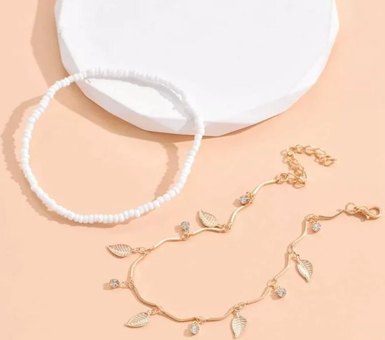 Set van 2 Enkelbandjes - Goudkleurig - 2 Stuks - Diamantjes & Blaadjes - Kraaltjes - Enkelbanden - Enkel Sierraad - Cadeau Dames