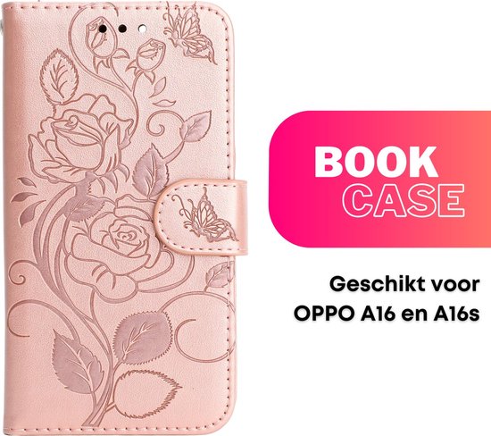 [EOL] Hoesje Rozen Roze - Geschikt voor OPPO A16 / A16s - Portemonnee Book Case - Boekje Met Kaarthouder / Pasjeshouder en Magneetsluiting - Booklet Beschermhoes - Boekhoesje met Draagkoord