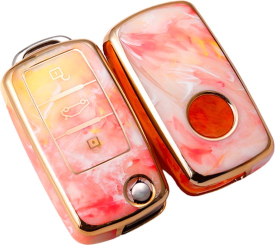 Zachte TPU Sleutelcover - Marmer Oranje Roze Goud - Sleutelhoesje Geschikt voor Volkswagen Golf / Polo / Tiguan / Up / Passat / Seat Leon / Seat Mii / Skoda Citigo - Sleutel Hoesje Cover - Auto Accessoires