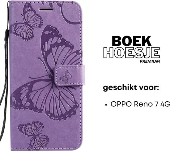 [EOL] Hoesje Vlinders Paars - Geschikt voor OPPO Reno 7 4G - Portemonnee Book Case - Boekje Met Kaarthouder / Pasjeshouder en Magneetsluiting - Booklet Beschermhoes