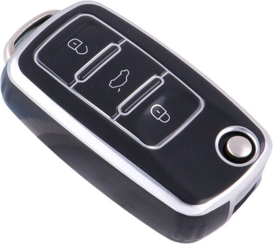 Zachte TPU Sleutelcover - Zwart Zilver Metallic - Sleutelhoesje Geschikt voor Volkswagen Golf / Polo / Tiguan / Up / Passat / Seat Leon / Skoda Citigo - Sleutel Hoesje Cover - Randen Zilver - Auto Accessoires