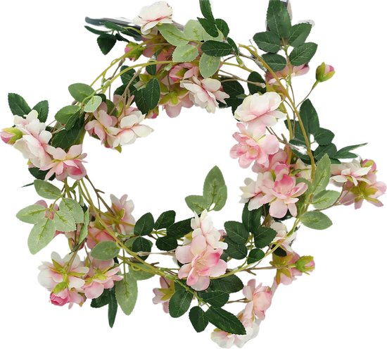 Bloemenslinger Fiets en Interieur -  Kersenbloesem met Mini Rozen - Roze met Wit - Sakura - Stijlvolle Bloemenstreng voor Fietsmand of Stuur - 180 CM Bloemen - Plastic Kunstbloemen Fiets Slinger Sakura