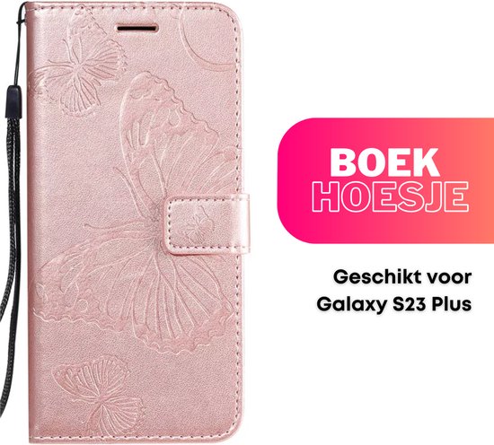 Hoesje Vlinders Roze - Geschikt voor Samsung Galaxy S23+ / S23 Plus - Portemonnee Book Case - Boekje Met Kaarthouder / Pasjeshouder en Magneetsluiting - Booklet - Wallet Beschermhoes - Telefoonhoesje
