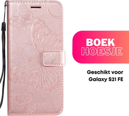 Hoesje Vlinders Roze - Geschikt voor Samsung Galaxy S21 FE - Portemonnee Book Case - Boekje Met Kaarthouder / Pasjeshouder en Magneetsluiting - Booklet - Wallet Beschermhoes - Telefoonhoesje