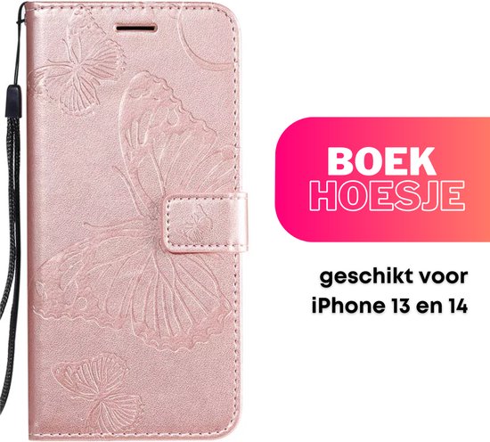 Hoesje Vlinders Roze - Geschikt voor Apple iPhone 13 / 14 - Portemonnee Book Case - Boekje Met Kaarthouder / Pasjeshouder en Magneetsluiting - Booklet Beschermhoes - Boekhoesje met Draagkoord