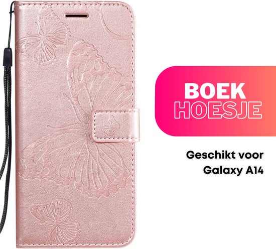 Hoesje Vlinders Roze - Geschikt voor Samsung Galaxy A14 - Portemonnee Book Case - Boekje Met Kaarthouder / Pasjeshouder en Magneetsluiting - Booklet - Wallet Beschermhoes - Telefoonhoesje