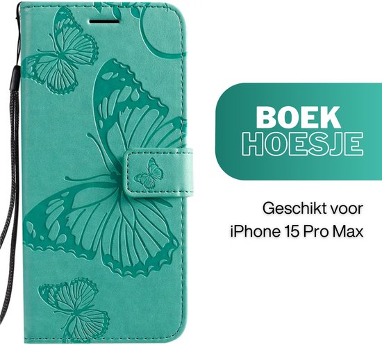 Hoesje Vlinders Groen - Geschikt voor Apple iPhone 15 Pro Max  - Portemonnee Book Case - Boekje Met Kaarthouder / Pasjeshouder en Magneetsluiting - Booklet Beschermhoes - Boekhoesje met Draagkoord