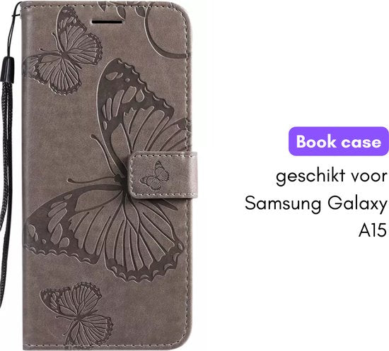 Hoesje Vlinders Grijs - Geschikt voor Samsung Galaxy A15 - Portemonnee Book Case - Boekje Met Kaarthouder / Pasjeshouder en Magneetsluiting - Booklet Beschermhoes - Boekhoesje met Draagkoord
