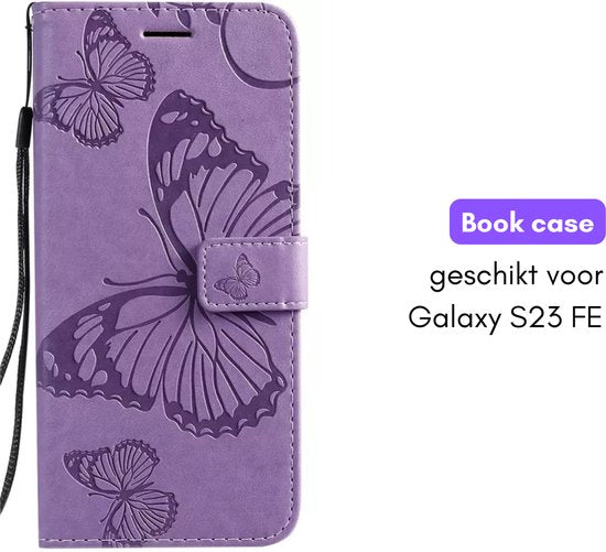 Hoesje Vlinders Paars - Geschikt voor Samsung Galaxy S23 FE  - Portemonnee Book Case - Boekje Met Kaarthouder / Pasjeshouder en Magneetsluiting - Booklet - Wallet Beschermhoes - Telefoonhoesje
