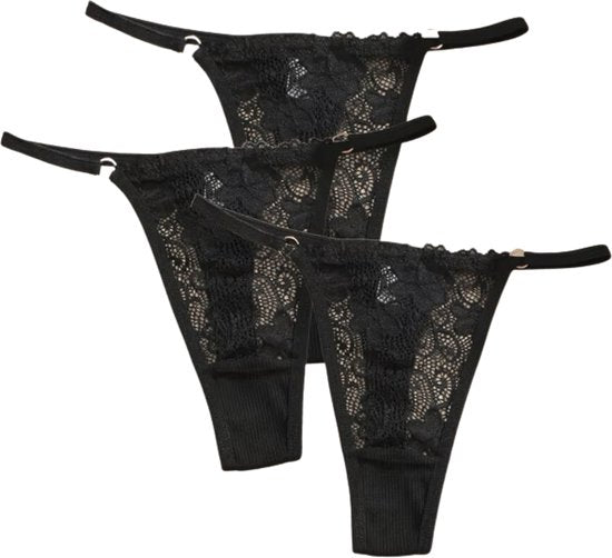 [EOL] 3 Pack - Sexy Dames String Zwart - Kant - 95% Katoen - Onderbroek Met Kanten Design - Dames Lingerie / Ondergoed Set - Maat S