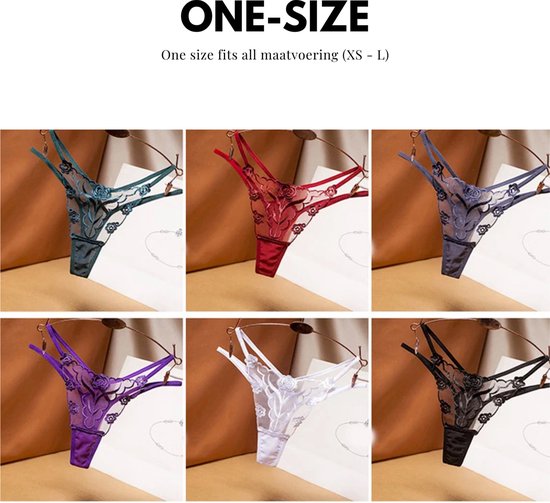 Sexy String met Bloemen - Zwart - Ontwerp met Kant en Dubbele Bandjes - Sexy Design met Bloemen - One Size String - Dames Onderbroek - Lingerie / Ondergoed