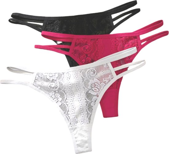 [EOL] Sexy Dames String met Kant - 3 Pack met Zwart, Rood & Wit - Vrouwen Lingerie / Ondergoed Set - Maat XL