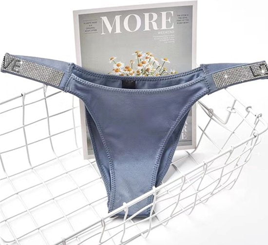 Love Secret Slip Blauw - Luxe Design met Diamantjes en Satijn - High Waist - Dames Lingerie / Ondergoed - Maat L