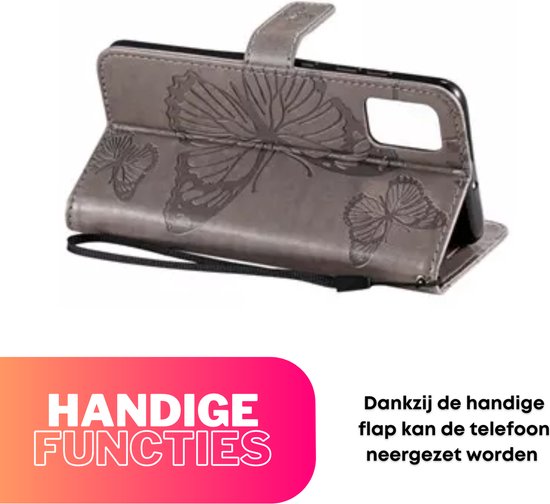 Hoesje Vlinders Grijs - geschikt voor Apple iPhone 13 / 14 - Portemonnee Book Case - Boekje Met Kaarthouder / Pasjeshouder en Magneetsluiting - Booklet Beschermhoes - Boekhoesje met Draagkoord