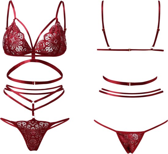 Sexy Lingerie Set voor Dames – 2-Delig met Kanten Bralette & String – Verleidelijk Bloemen Design – Rood – Lingerieset - Maat M