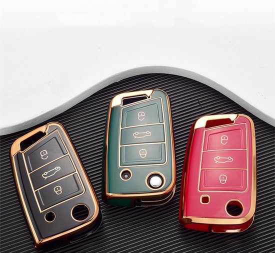 Zachte TPU Sleutelcover - Rood & Goud Metallic - Sleutelhoesje Geschikt voor Volkswagen Golf / Tiguan - Seat Leon / Ateca / Ibiza - Skoda Kodiaq / Octavia / Karoq - Sleutel Hoesje Cover - Randen Goud - Auto Accessoires