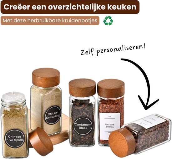 Luxe Set van 36 Glazen Kruidenpotjes - 120 ml - Met Houten Draaideksel, Stickers en Accessoires - Kruidenpotten voor Kruidenrek of Specerijen Organizer