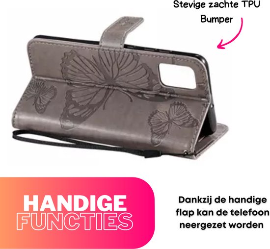 Hoesje Vlinders Grijs - Geschikt voor Samsung Galaxy A14 - Portemonnee Book Case - Boekje Met Kaarthouder / Pasjeshouder en Magneetsluiting - Booklet - Wallet Beschermhoes - Telefoonhoesje