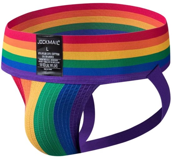 Heren Harnas & Slip Set - Regenboog - Jockstrap - Verstelbaar Bondage Borst Harnas met Open Achterkant - Pride LGBTQI+ - Ringen - One Size - Erotiek & Bondage Lingerie voor Mannen - Maat L