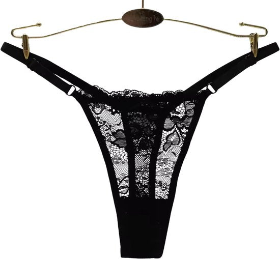 3 Pack - Sexy Dames Strings Zwart, Roze en Taupe - Comfortabel en Zacht Kant - Verstelbare Bandjes - String Met Kanten Design - Onderbroeken en Slips voor Vrouwen - Dames Lingerie / Ondergoed Set - Maat L