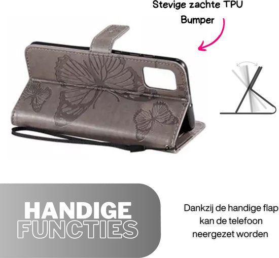Hoesje Vlinders Grijs - Geschikt voor Apple iPhone 15 Pro Max  - Portemonnee Book Case - Boekje Met Kaarthouder / Pasjeshouder en Magneetsluiting - Booklet Beschermhoes - Boekhoesje met Draagkoord