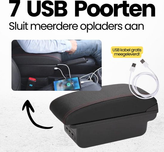 Multifunctionele Armsteun - Geschikt voor Toyota Aygo, Peugeot 107 en Citroen C1 (2005-2014) - 7 USB Aansluitingen - Opbergvakken - Bekerhouder