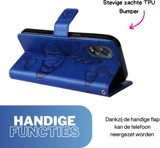 [EOL] Hoesje Vlinders Blauw - Geschikt voor OPPO A38  - Portemonnee Book Case - Boekje Met Kaarthouder / Pasjeshouder en Magneetsluiting - Booklet Beschermhoes - Boekhoesje met Draagkoord