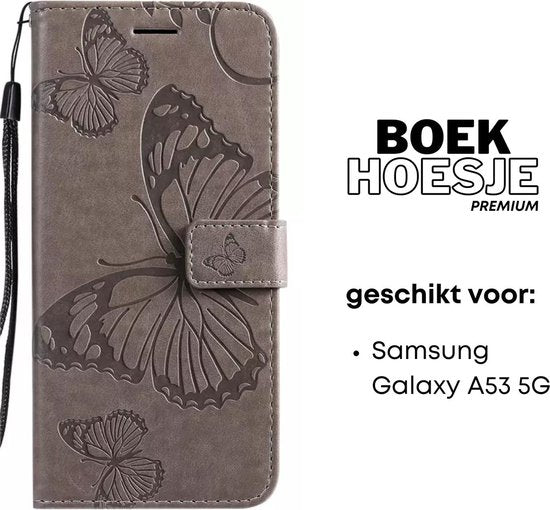 Hoesje Vlinders Grijs - Geschikt voor Samsung Galaxy A53 5G - Portemonnee Book Case - Boekje Met Kaarthouder / Pasjeshouder en Magneetsluiting - Booklet Beschermhoes voor Pasjes