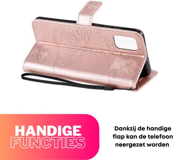 Hoesje Vlinders Roze - Geschikt voor Apple iPhone 13 / 14 - Portemonnee Book Case - Boekje Met Kaarthouder / Pasjeshouder en Magneetsluiting - Booklet Beschermhoes - Boekhoesje met Draagkoord