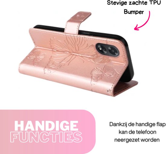 [EOL] Hoesje Vlinders Roze - Geschikt voor OPPO A58  - Portemonnee Book Case - Boekje Met Kaarthouder / Pasjeshouder en Magneetsluiting - Booklet - Wallet Beschermhoes - Telefoonhoesje