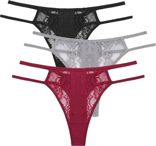 [EOL] Sexy Dames String met Kant - 3 Pack met Grijs, Rood & Zwart - Vrouwen Lingerie / Ondergoed Set - Maat M