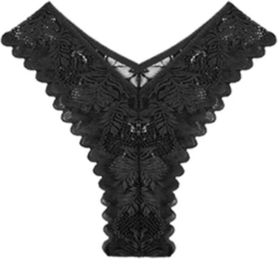 [EOL] High Waist Dames String met Kant - Zwart - Vrouwen Lingerie / Ondergoed - Maat L