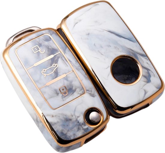 Zachte TPU Sleutelcover - Marmer Grijs Goud - Sleutelhoesje Geschikt voor Volkswagen Golf / Polo / Tiguan / Up / Passat / Seat Leon / Seat Mii / Skoda Citigo - Sleutel Hoesje Cover - Auto Accessoires