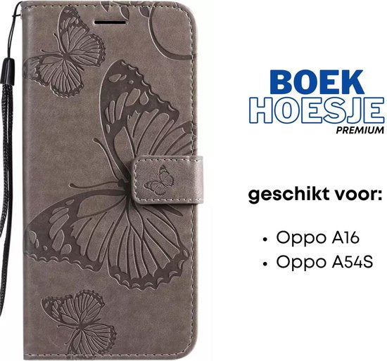 [EOL] Hoesje Vlinders Grijs - Geschikt voor OPPO A16 / A16S / A54S - Portemonnee Book Case - Boekje Met Kaarthouder / Pasjeshouder en Magneetsluiting - Booklet Beschermhoes