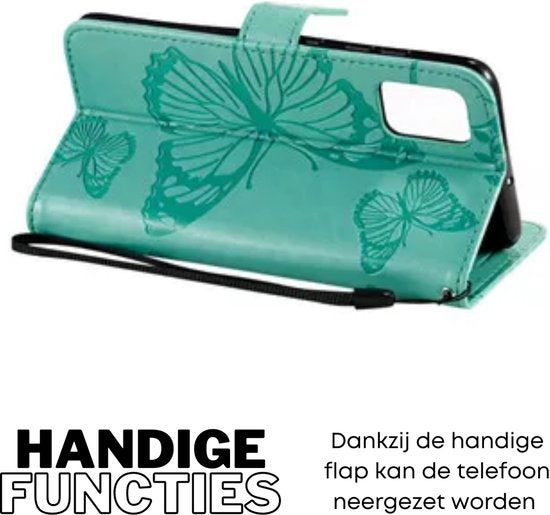 Hoesje Vlinders Groen - Geschikt voor OPPO A17 - Portemonnee Book Case - Boekje Met Kaarthouder / Pasjeshouder en Magneetsluiting - Booklet Beschermhoes - Boekhoesje met Draagkoord
