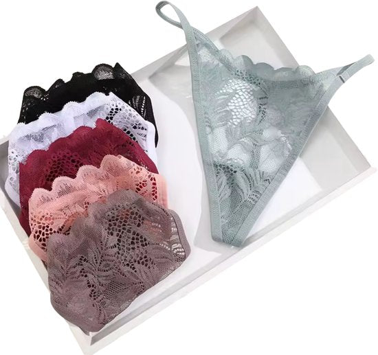 6 Pack Kanten Strings – Zachte, Sexy & Comfortabele Lingerie – Dames Ondergoed - Onderbroeken en Slips Voor Vrouwen - Zwart / Wit / Groen / Rood / Taupe / Roze - Maat M