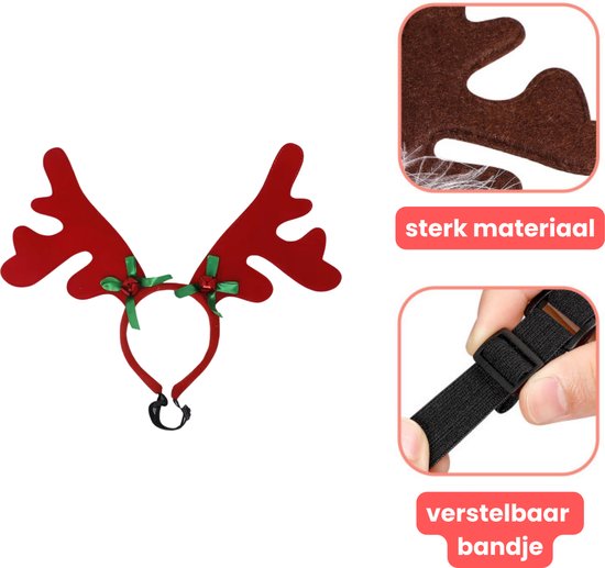 Kerst Gewei voor Honden - Verstelbaar Rendiergewei - Rood Gewei met Rode Bellen en Groene Strikjes - Voor Kleine en Grote Honden - Hondenkleding Kerst - One Size