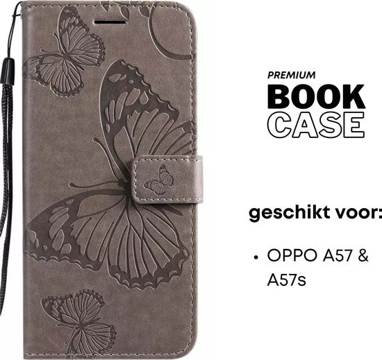 Hoesje Vlinders Grijs - Geschikt voor OPPO A57 / A57s - Portemonnee Book Case - Boekje Met Kaarthouder / Pasjeshouder en Magneetsluiting - Booklet Beschermhoes - Boekhoesje