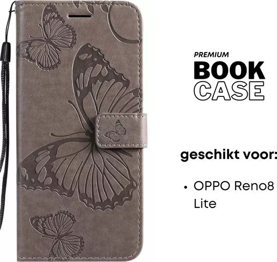 [EOL] Hoesje Vlinders Grijs - Geschikt voor OPPO Reno 8 Lite - Portemonnee Book Case - OPPO Reno8 Lite Boekje Met Kaarthouder / Pasjeshouder en Magneetsluiting - Booklet Beschermhoes