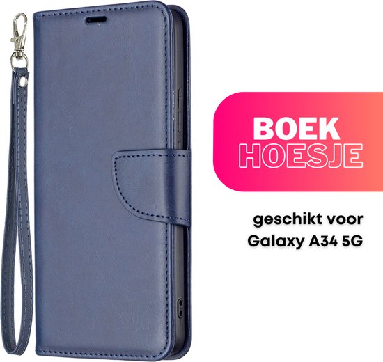 Hoesje Donkerblauw - Geschikt voor Samsung Galaxy A34 5G - Portemonnee Book Case Blauw - Boekje Met Kaarthouder / Pasjeshouder en Magneetsluiting - Booklet Beschermhoes