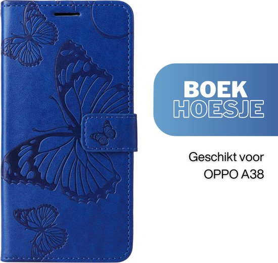 [EOL] Hoesje Vlinders Blauw - Geschikt voor OPPO A38  - Portemonnee Book Case - Boekje Met Kaarthouder / Pasjeshouder en Magneetsluiting - Booklet Beschermhoes - Boekhoesje met Draagkoord