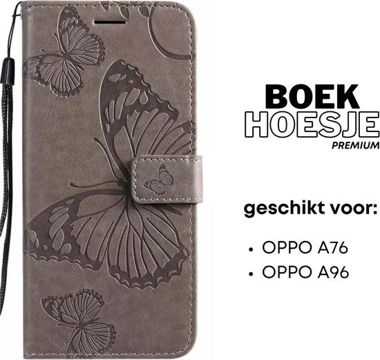 [EOL] Hoesje Vlinders Grijs - Geschikt voor OPPO A76 / A96 - Portemonnee Book Case - Boekje Met Kaarthouder / Pasjeshouder en Magneetsluiting - Booklet Beschermhoes voor Pasjes