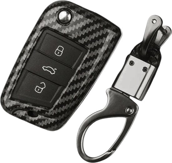 Premium Sleutelcover - Gloss Carbon Look - Sleutelhoesje Geschikt voor Volkswagen Golf / Tiguan / Seat Leon / Ateca / Ibiza - Skoda Kodiaq / Octavia / Karoq - Key Cover - Auto Accessoires