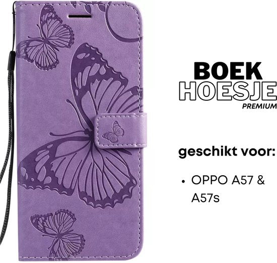 Hoesje Vlinders Paars - Geschikt voor OPPO A57 / A57s  - Portemonnee Book Case - Boekje Met Kaarthouder / Pasjeshouder en Magneetsluiting - Booklet Beschermhoes - Boekhoesje
