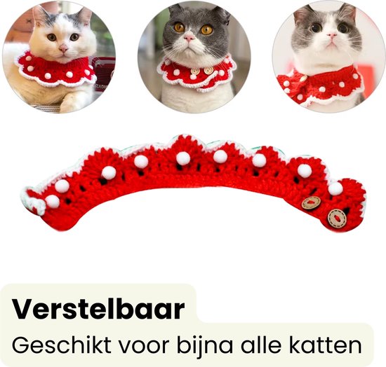 Kerst Kraagje voor Katten - Rood Wit Gebreide Halsband - Verstelbaar - met Pompoms - Kerst Accessoire Katten en Poezen - Kattenkleding - Maat S